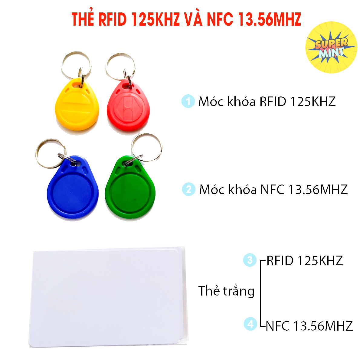 [HCM][Combo 10 chiếc] Thẻ từ RFID 125kHz NFC 13.56mHz (ghi chép được - Writeable) loại móc khóa-thẻ trắng-Super Mint
