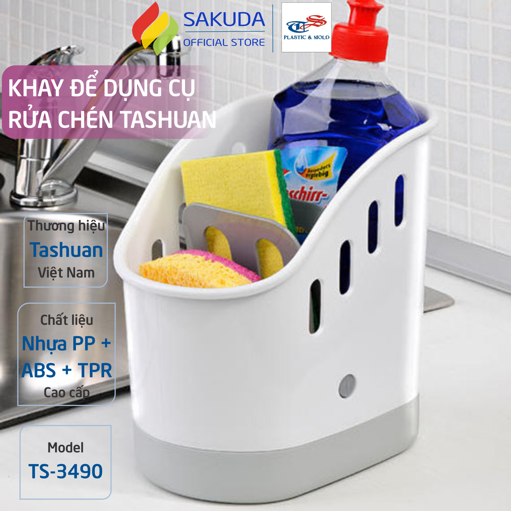 Khay để vật dụng rửa chén, rổ đựng dụng cụ rửa chén tashuan ts-3490- chất liệu nhựa pp cao cấp, nhỏ gọn có lỗ thoát nước