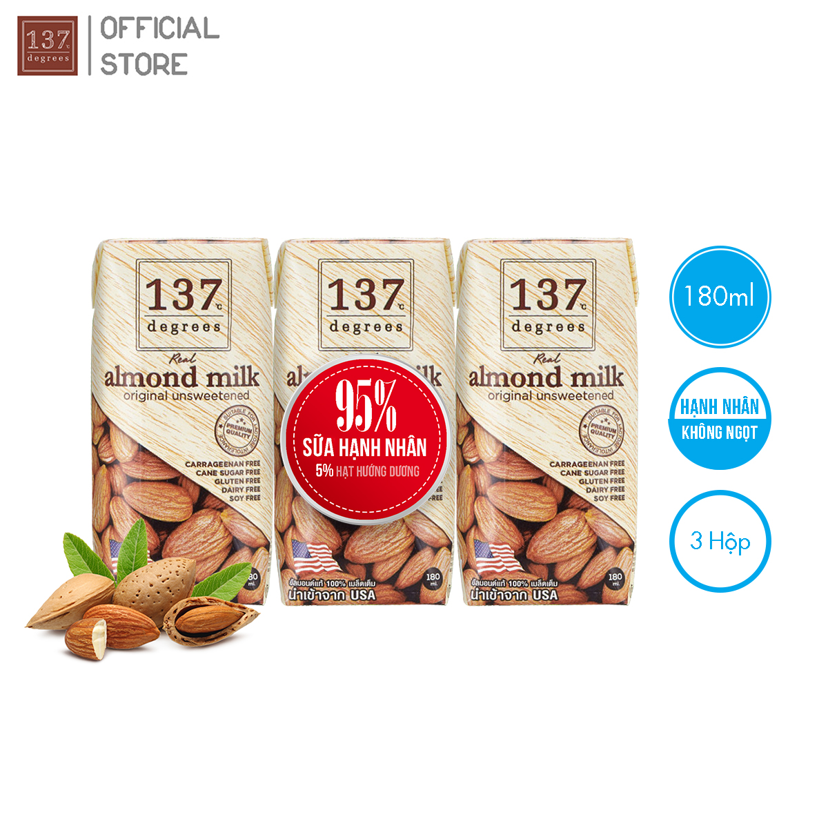 Sữa Hạt HẠNH NHÂN Nguyên Chất không ngọt - Lốc 3 hộp 180ml