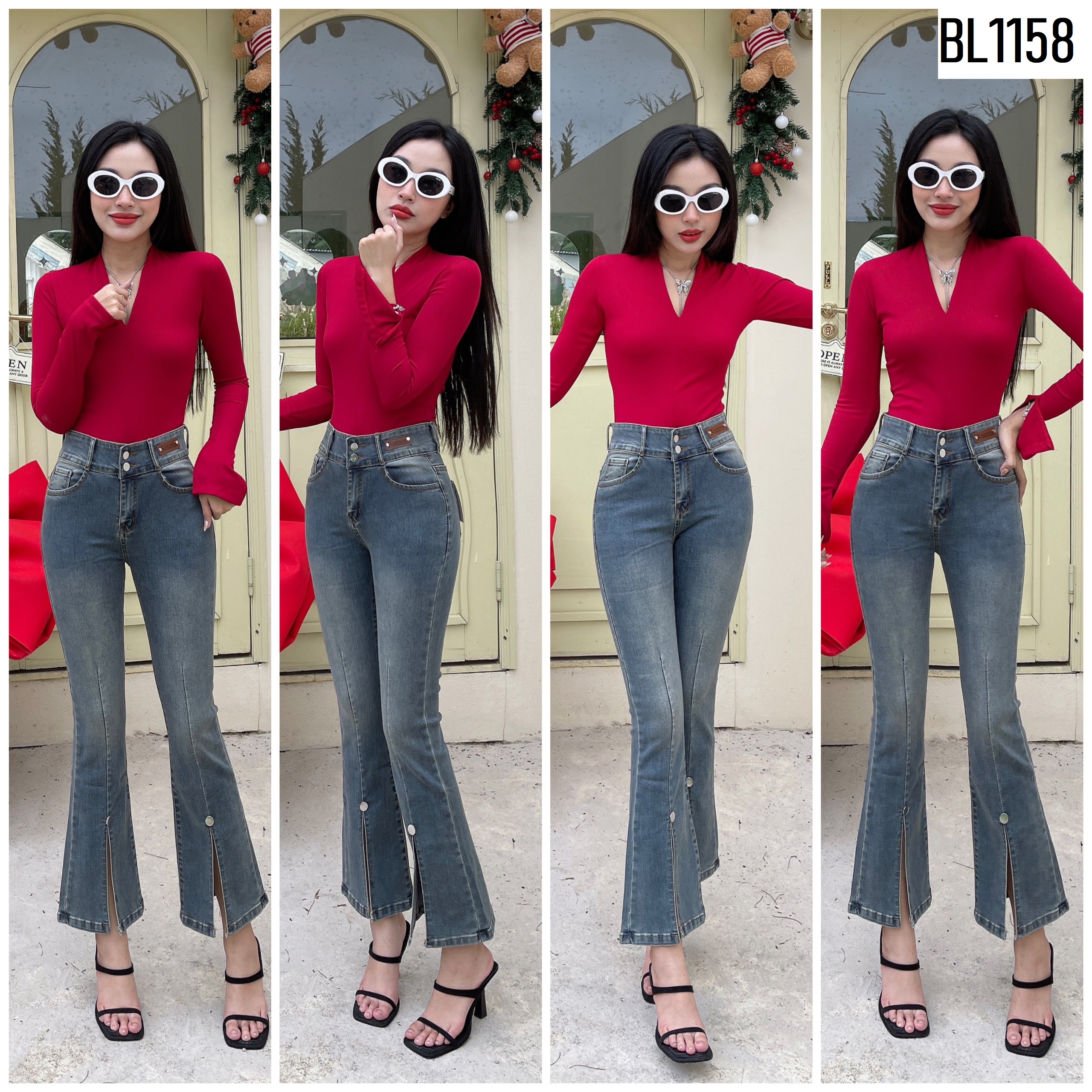 Quần jean nữ loe 9 tấc xanh bụi đính nút xẻ lai