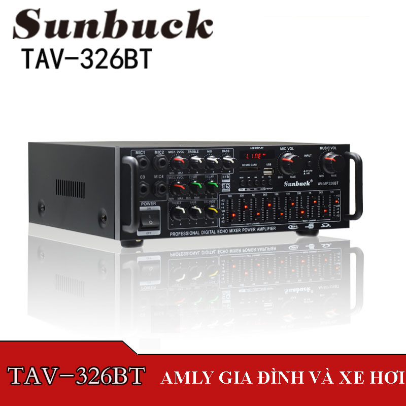 Amly karaoke bluetooth, Ampli karaoke mini, amply blutooth Sunbuck TAV- 326BT 4 cổng mic đa năng nguồn AC 220v hoặc DC 12V - Hàng chính hãng - Bảo hành 12 tháng