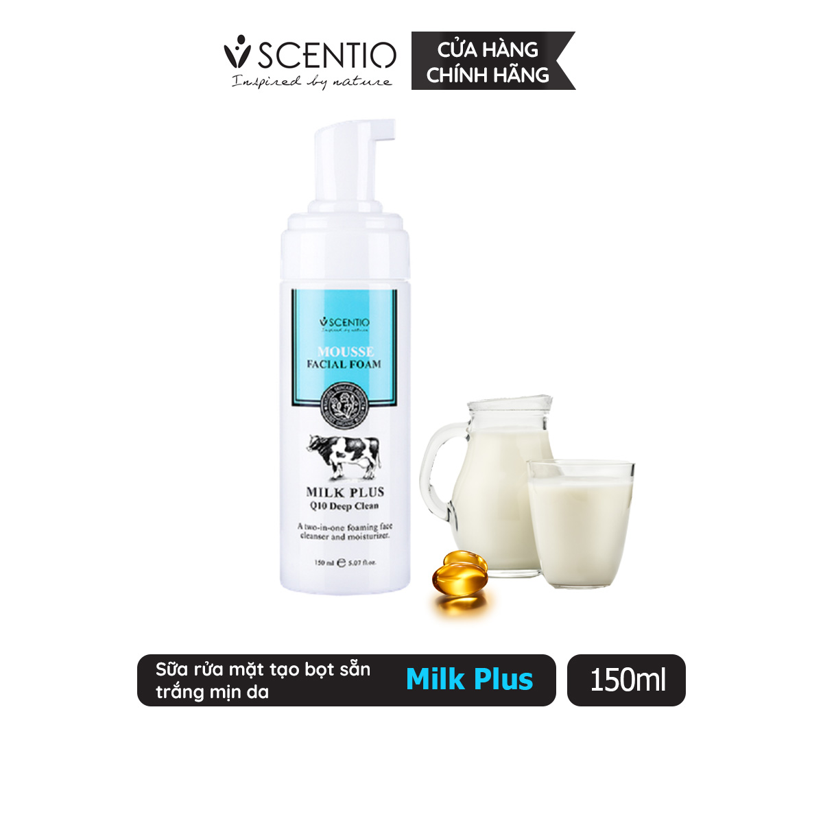 Sữa rửa mặt tạo bọt sẵn dưỡng trắng và trẻ hóa da Scentio Milk Plus 150ml