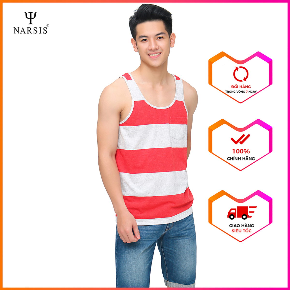 Áo Nam Narsis D8055 kẻ đỏ viền trắng ngà