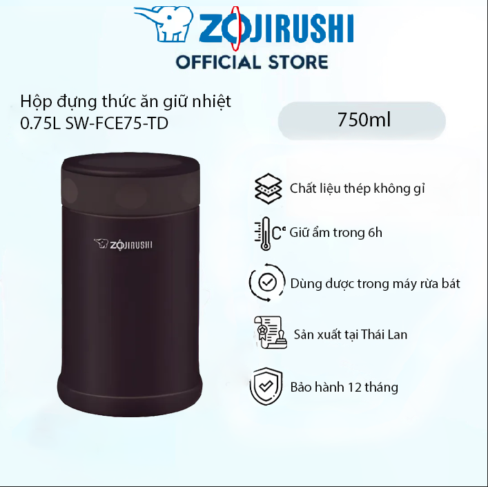 Hộp ủ cháo/ đựng thức ăn giữ nhiệt Zojirushi SW-FCE75-TD 0,75L, bảo hành giữ nhiệt 1 năm chính hãng