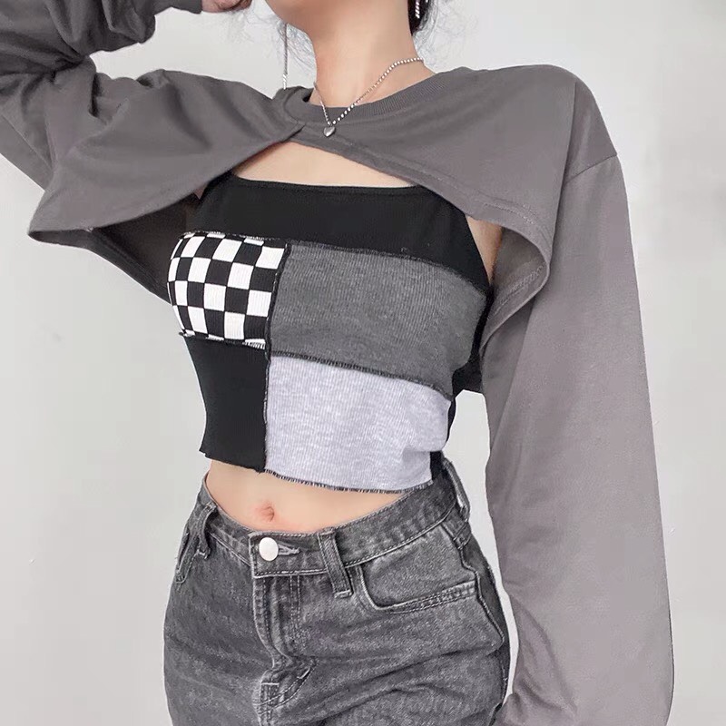 Set 2 món crt quyến rũ phối caro / Áo hai dây nữ dáng croptop ôm body mix áo khoác ngoài cá tính mặc tôn dáng - mocshop