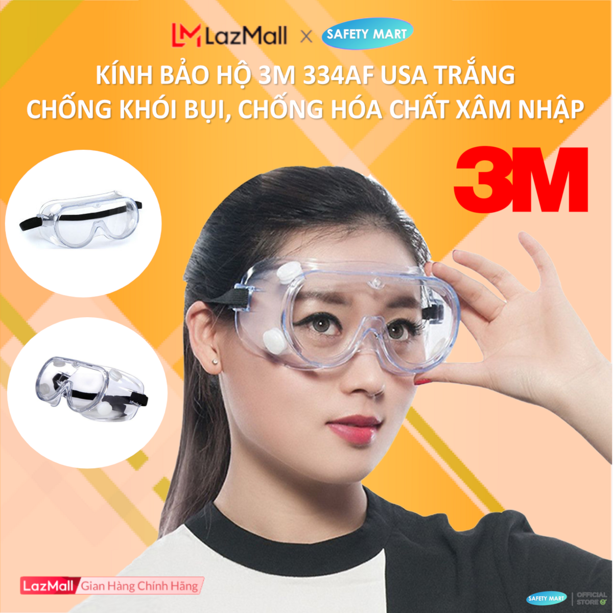Kính bảo hộ 3M 334AF, kính chống hóa chất 3M, kính chống bụi tia UV, kính chống đọng sương, kính dùng ngoài kính cận, kính bảo vệ mắt tối ưu - Hàng Chính Hãng Safety Mart Official