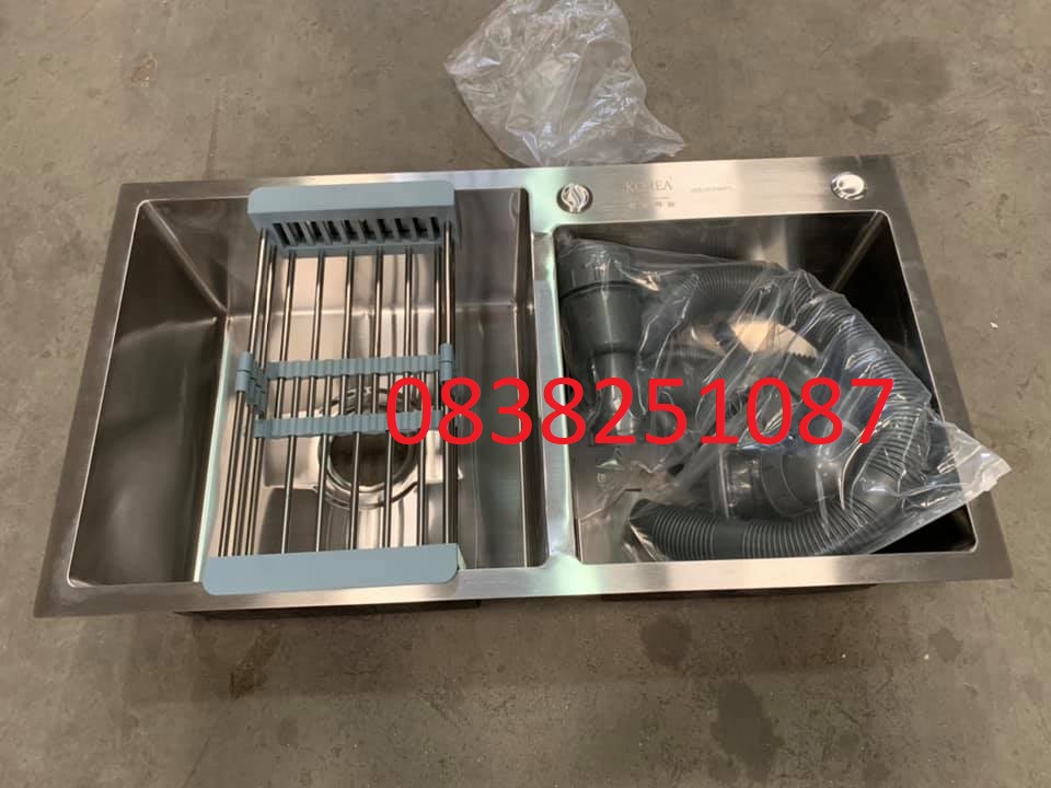 [HCM]Chậu rửa bát Inox 304 KOREA Đúc Nguyên Khối 82 x 45cm 2 hố lệch (tặng kệ để đồ)