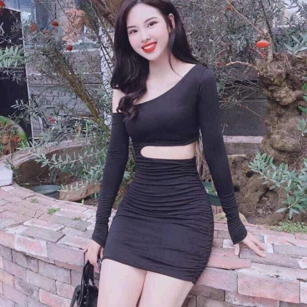 Đầm tay dài khoét eo cotton cao cấp