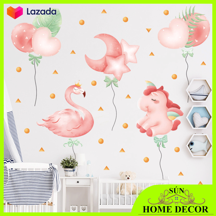 Decal dán tường các họa tiết hạc hồng, kì lân bóng bay màu hồng siêu dễ thương cho phòng bé, dán tường trang trí chống nước
