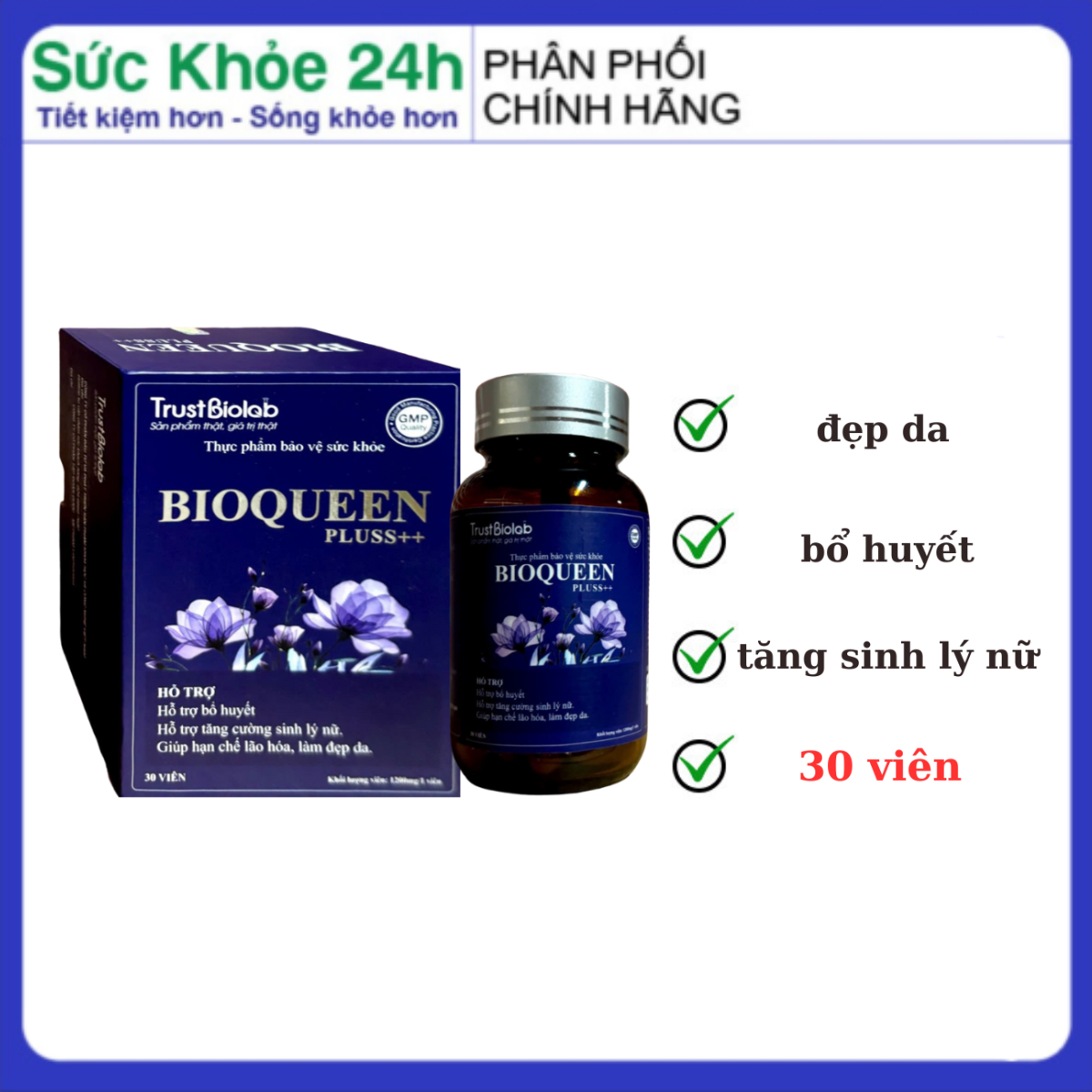 Collagen đẹp da chống lão hóa , Tăng cường sinh lý nữ Bio Queen điều hòa kinh nguyệt Hộp 30 viên