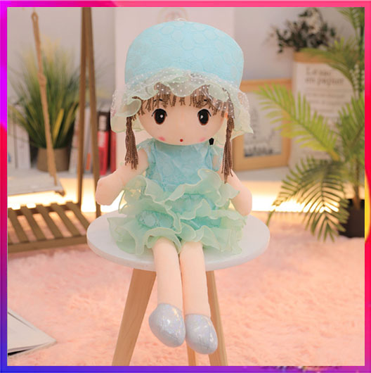 Búp bê bằng bông thú nhồi bông cô dâu mũ xanh