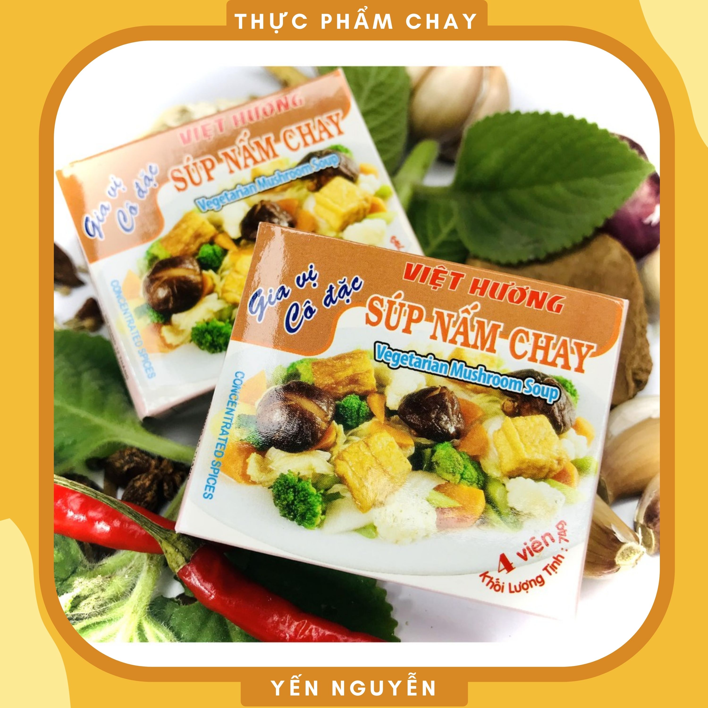 Gia vị súp nấm chay cô đặc Việt Hương Hộp 4 viên 74gr - Tăng hương vị đậm đà với vị nấm đặc chưng cho món ăn - Thực Phẩm Chay Yến Nguyễn