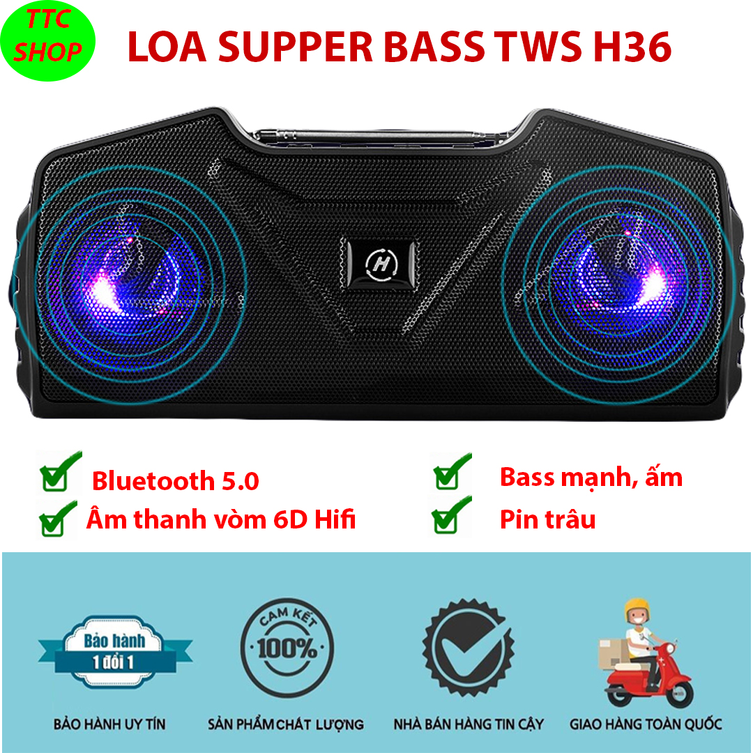 Loa bluetooth 5.0 bass mạnh, có thể kết nối 2 loa thành 1 tws h36