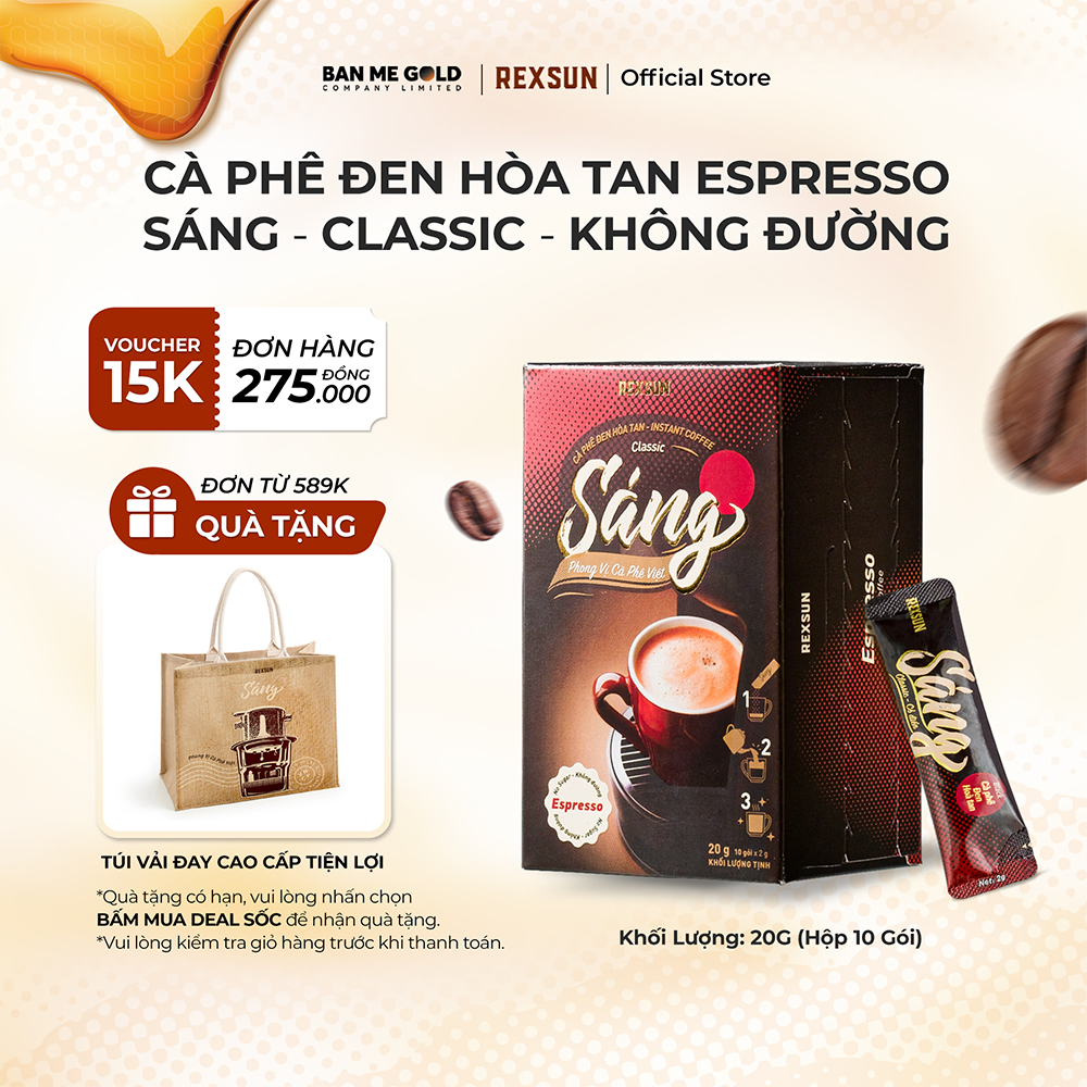 Cà Phê Espresso Hòa Tan - Sáng - Hộp 20g/100g - KHÔNG ĐƯỜNG SỮA - Cafe Đen Hòa Tan Chính Hãng Ban Me Gold - Rexsun