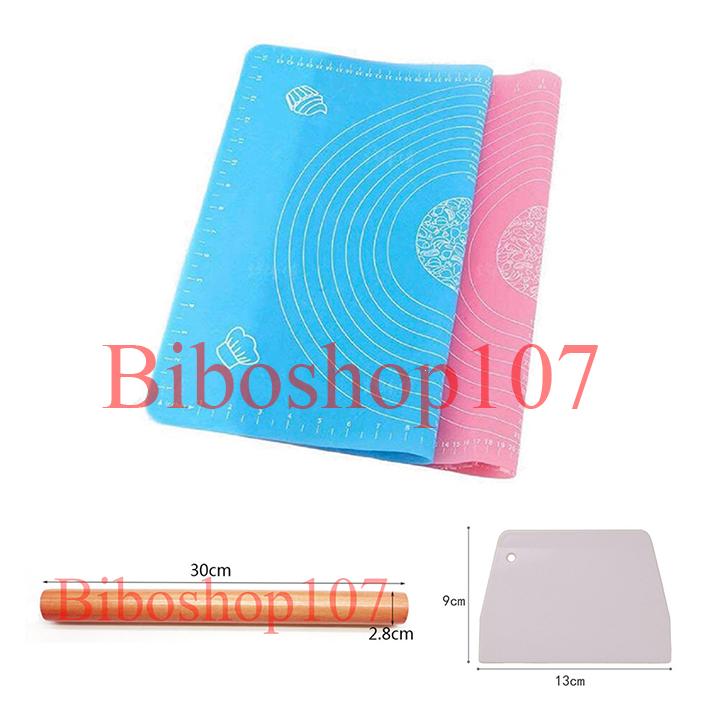 Combo Tấm lót nhào bột silicon 50x40cm + cán lăn bột gỗ 30cm + Miếng cắt bột nhựa