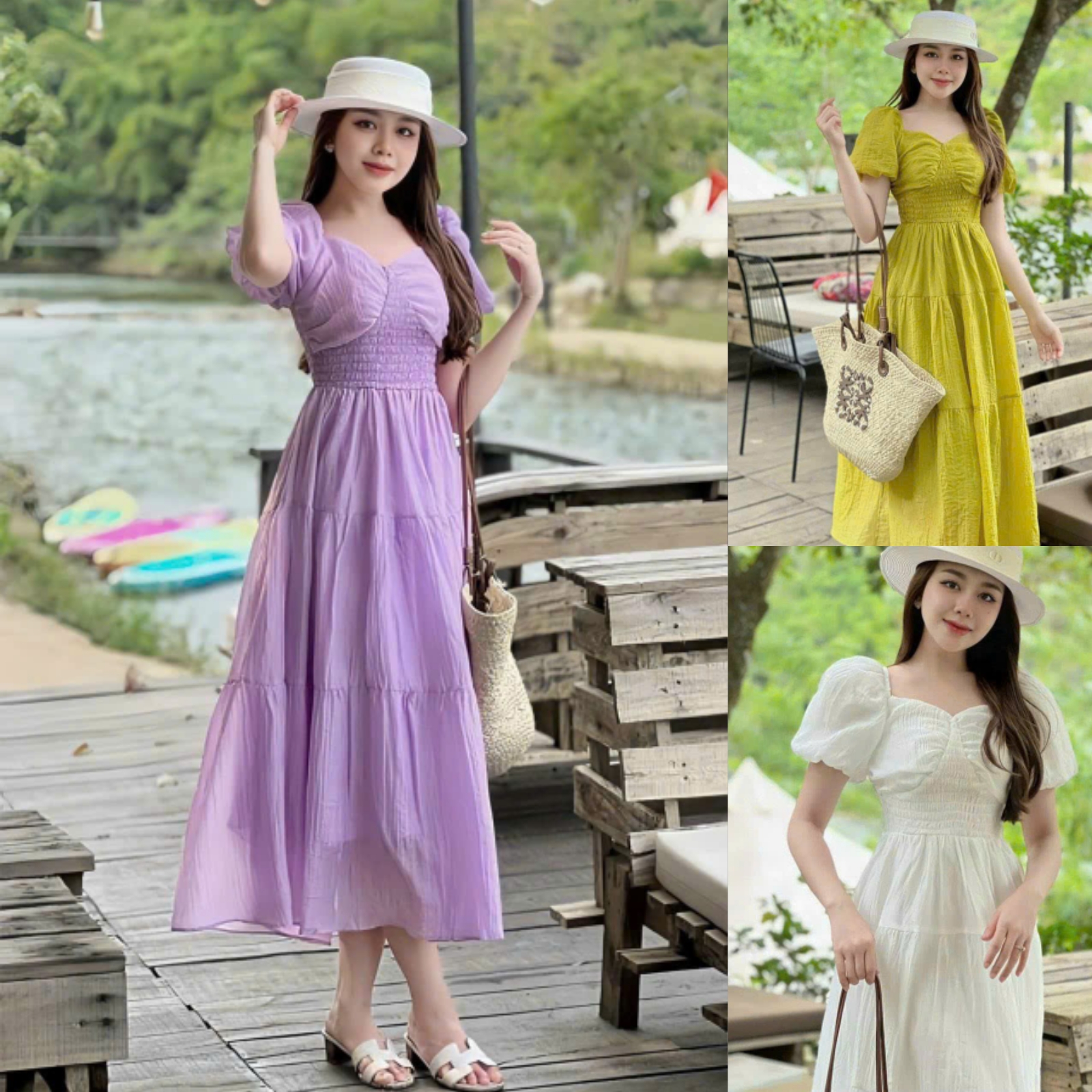 Đầm tay phồng chạy mocking kiểu dáng xòe xinh xắn