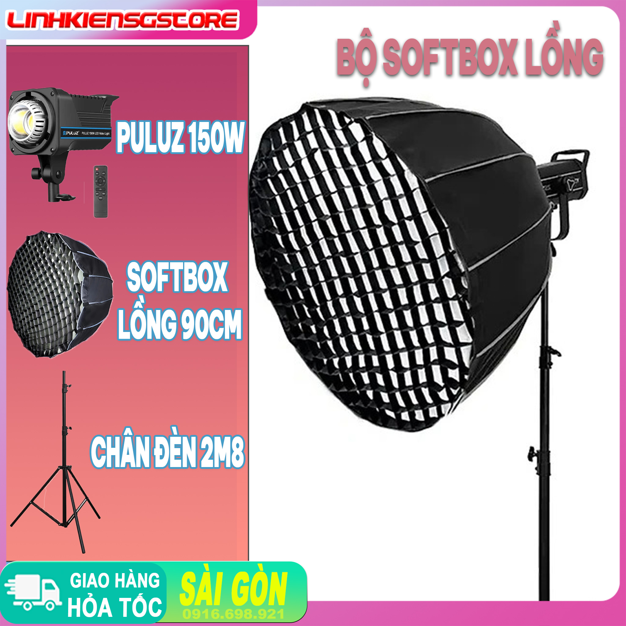 Bộ KIT SoftBox Lồng Gà Parabolic 90cm Kèm Đèn Puluz 150W Có Chân cao 2m8 Chụp Hình Studio Chuyên Nghiệp