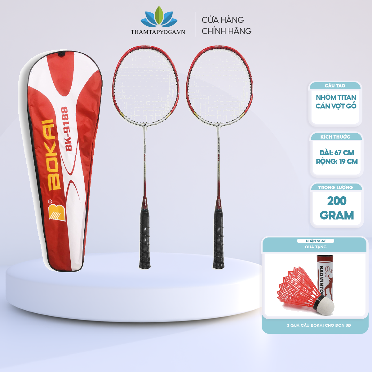 Cặp vợt cầu lông dây cước Bokai BK-9188  [TẶNG KÈM 3 QUẢ CẦU]