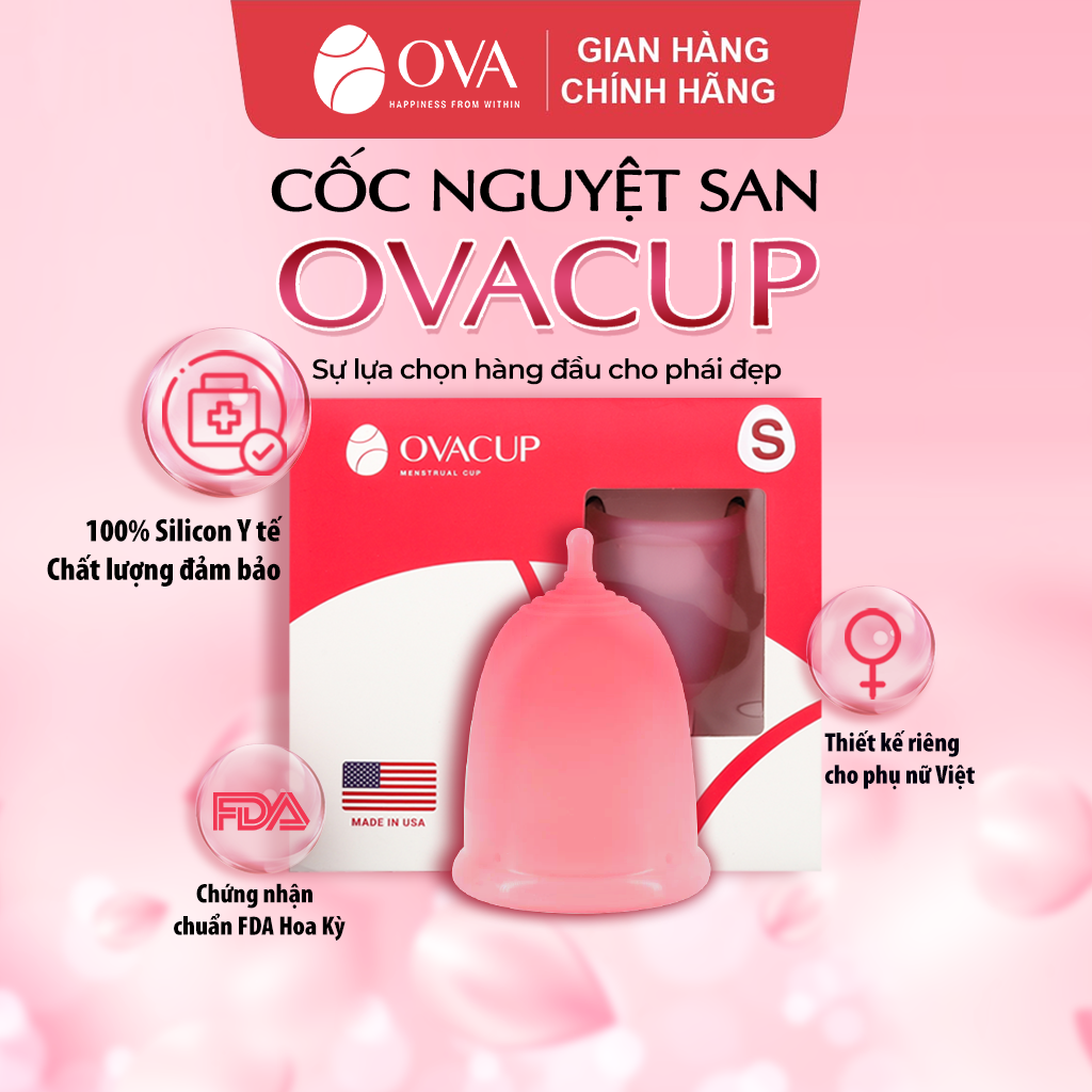 Cốc nguyệt san Ovacup nhập khẩu chính hãng (màu trắng) Made In USA 100% Silicone y tế mềm chống tràn đạt tiêu chuẩn FDA Hoa Kỳ