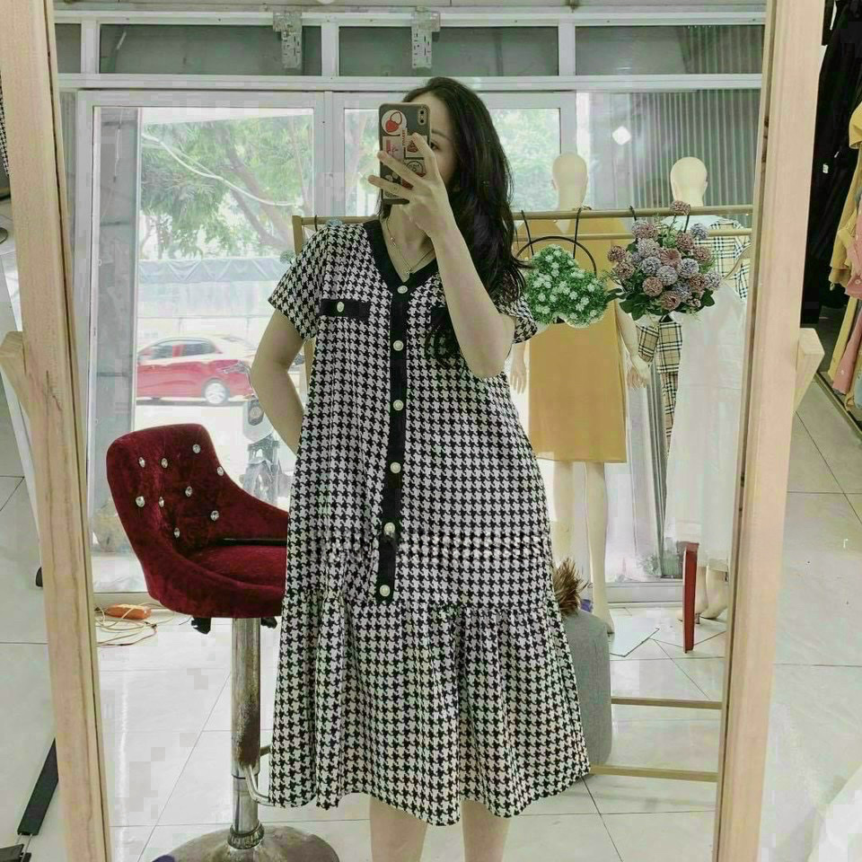 Váy bầu công sở cổ tim viền đen 1 tầng hoạ tiết ziczac, đầm bầu đầm babydoll freeesize v053