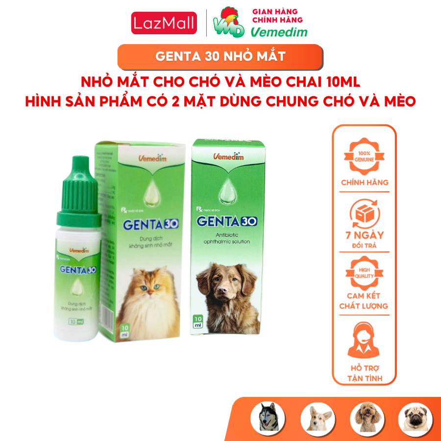 Vemedim Genta 30 nhỏ mắt cho chó và mèo, chai 10ml
