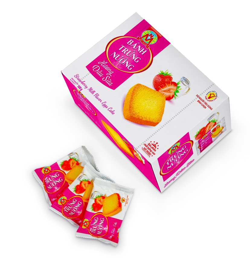 108g Bánh trứng nướng Hương DÂU SỮA tươi, CÓ 12 bánh trong 1 HỘP, GIÒM RỤM thơm Hương DÂU béo SỮA TƯƠI, BỮA ĂN NHẸ tiếp thêm NĂNG LƯỢNG, KHÔNG hóa chất độc hại, ĐẢM BẢO tiêu chuẩn của Ban Quản Lý An Toàn Thực Phẩm HCM