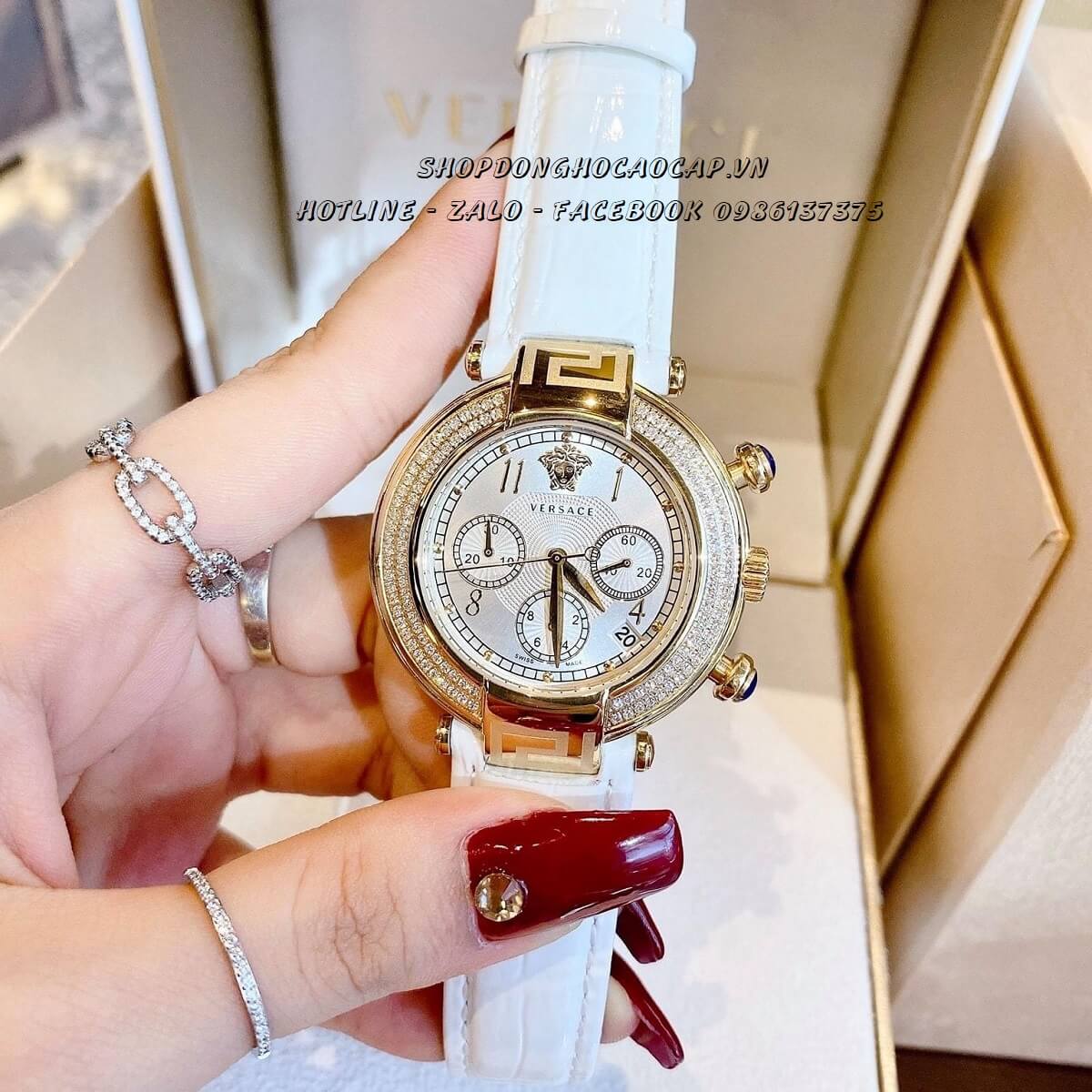 Đồng hồ versace nữ dây da trắng gold 38mm