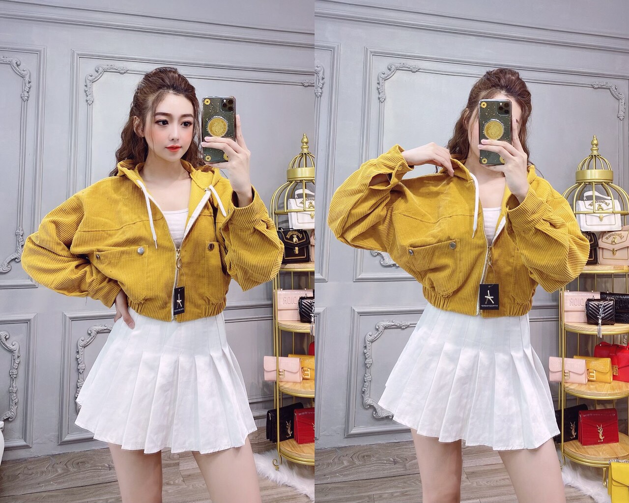 Áo khoác nhung gân nữ thời trang dáng lửng mẫu mới màu trẻ trung