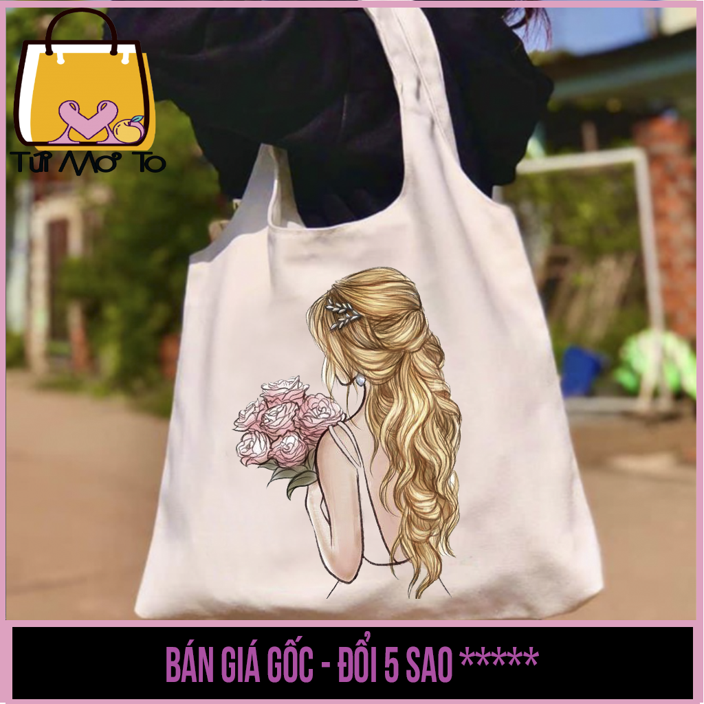 Túi tote túi vải túi canvas quai tròn có khóa kéo in hình CÔ DÂU cầm hoa - Túi Mơ To store
