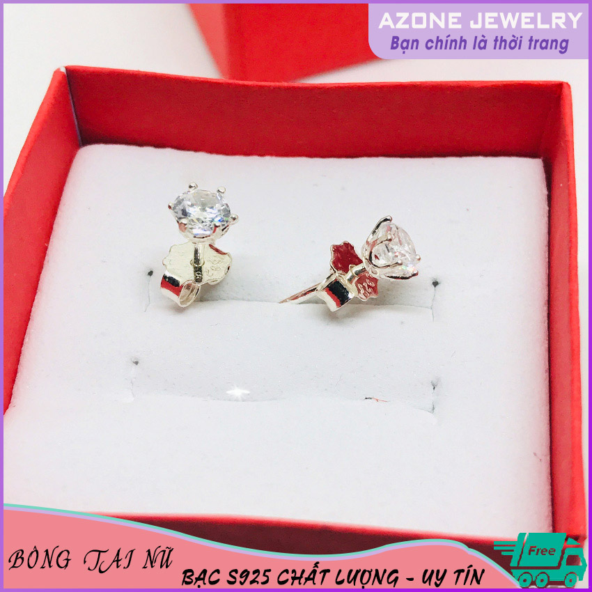 Bông tai bạc | Bông tai nữ | Bông tai nữ bạc [FREESHIP] Bạc S925 Đính đá thạch anh 5 ly #AZBT013 - Azone 24h Khuyên nụ Hoa tai