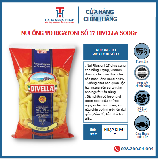 Nui ống to rigatoni số 17 divella - 500gr