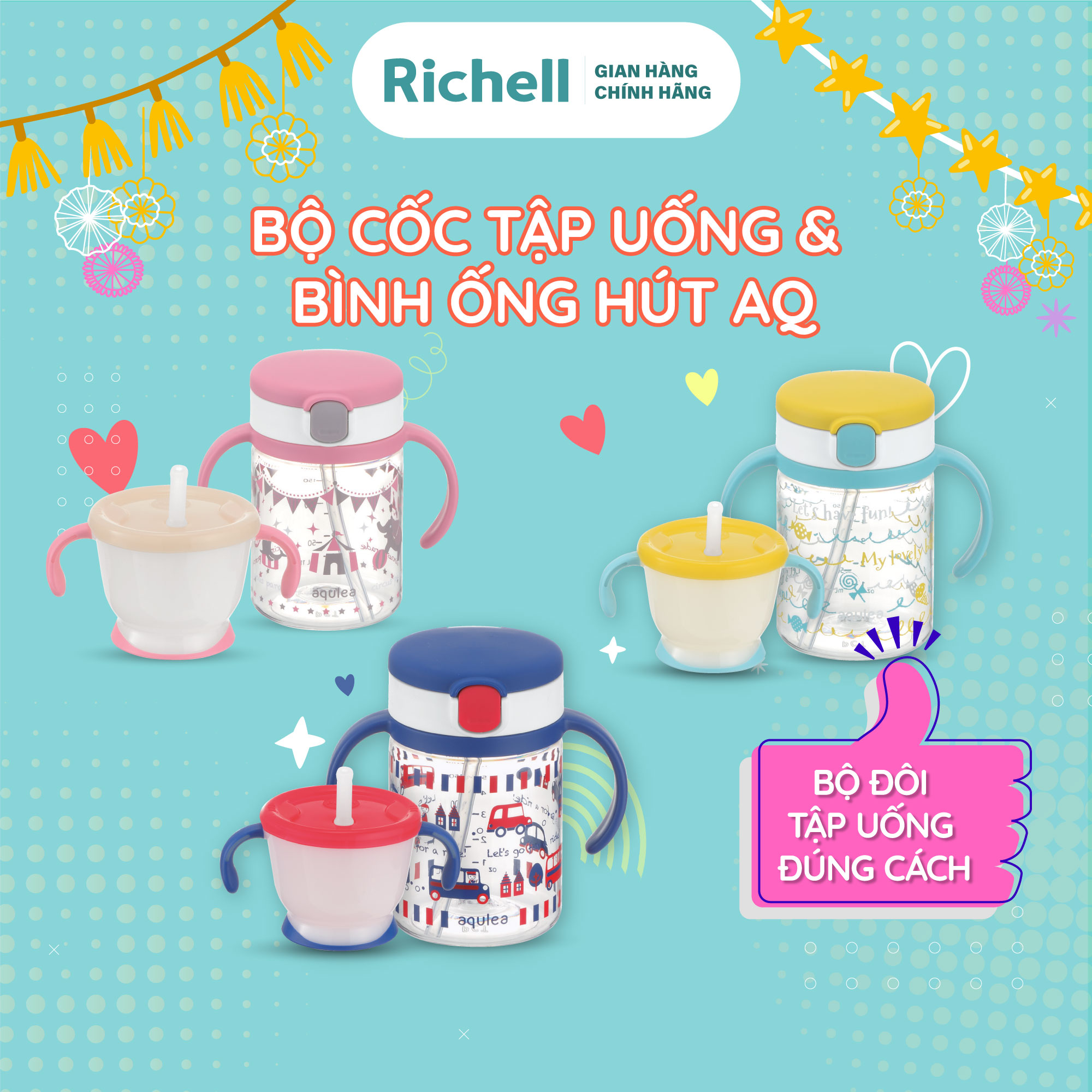 Bộ cốc tập uống 3 giai đoạn và bình ống hút richell aq chống sặc | baby