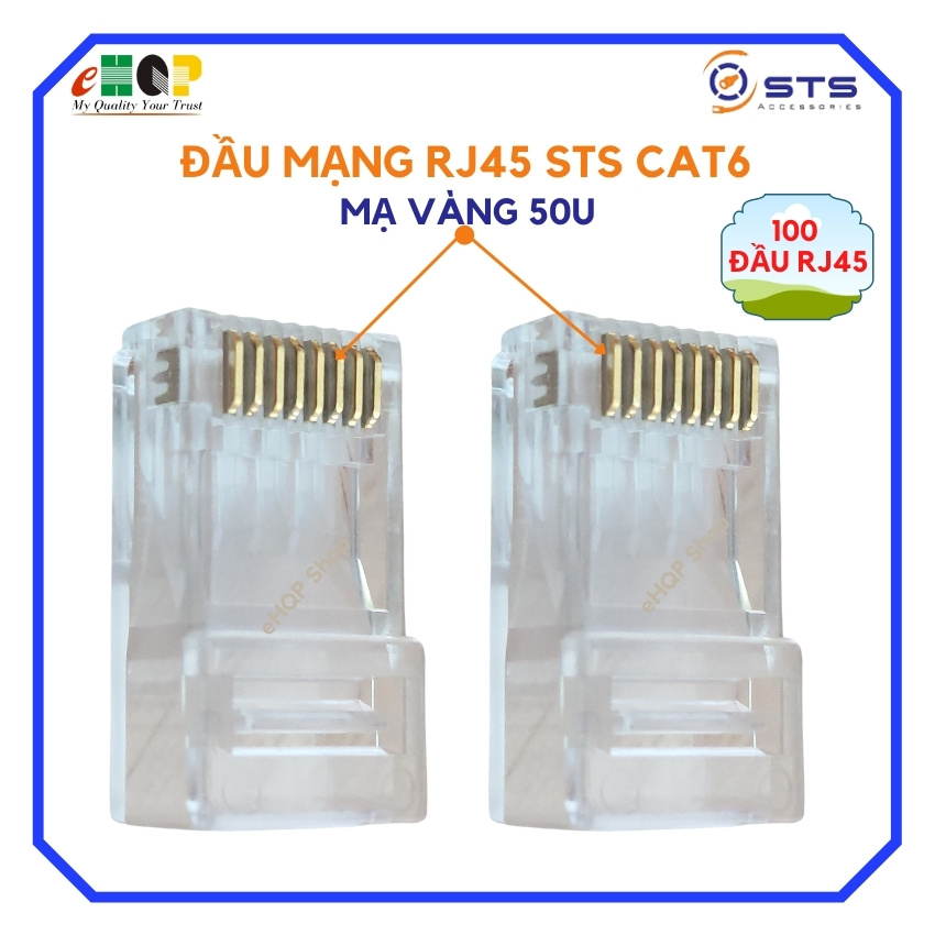 [Đầu mạng RJ45 mạ vàng 50U] Đầu mạng CAT6 STS chính hãng, đầu cos mạng RJ45, bền bỉ, tốc độ cao, ổn định, không bị Oxy hoá, eHQP Shop, nhựa trong suốt, chóng cháy, khoá dẻo dai không gãy.