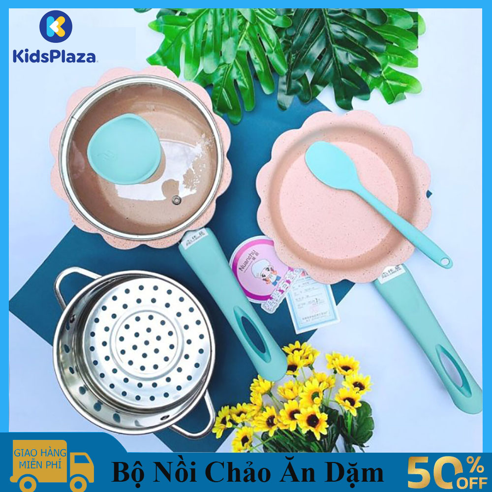Bộ nồi chảo nấu đồ ăn dặm cho bé, nồi chảo chống dính men đá cao cấp, đảm bảo an toàn sức khỏe cho b