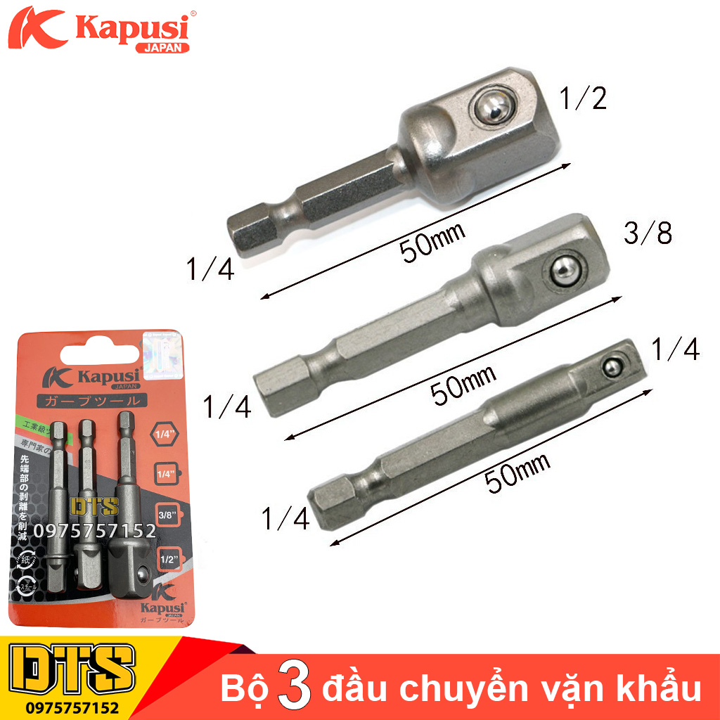  Bộ 3 đầu chuyển vặn khẩu Kapusi JAPAN chuôi lục giác cho máy khoan điện khoan pin cỡ 1 2 - 3 8 - 1 4 thép Nhật siêu bền chống trượt khẩu đầu chuyển vặn tuýp đầu chuyển khẩu lắp máy khoan đầu chuyển vặn vít sang bu lông 