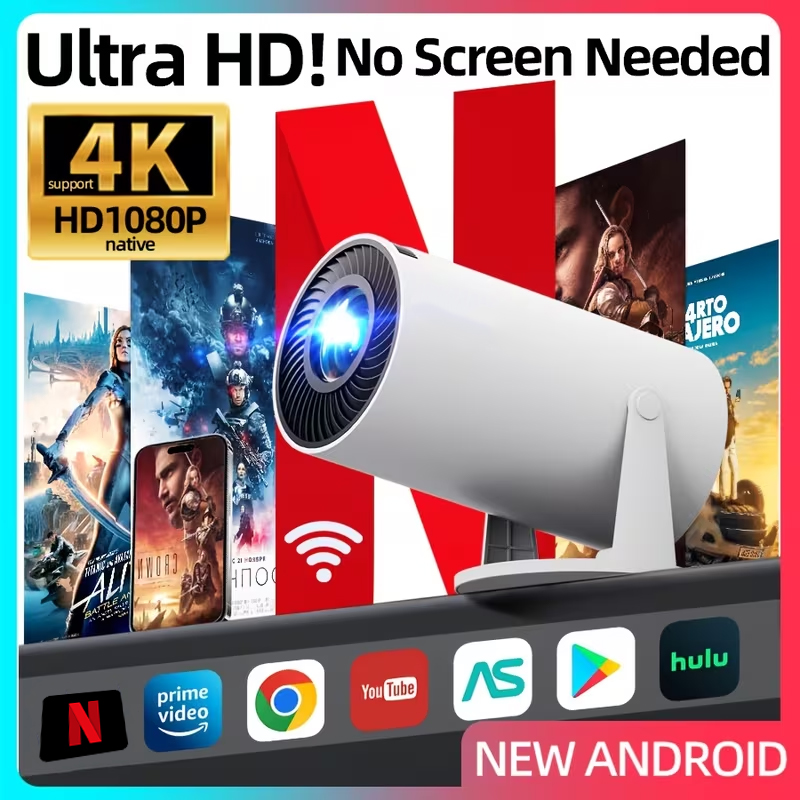 Anytrox the New Hy300 High-End Mini Projector Is a Smart Led Projector Running Android 11 with Built-In Speakers, Supports Youtube and Netflix Streaming, Wireless Projection, Wifi, and Autofocus.