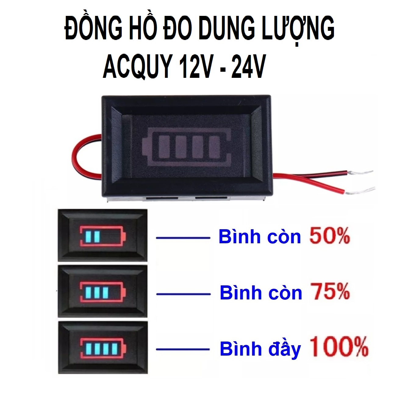 Đồng hồ báo dung lượng bình acquy 12V - 24V và khối pin 3s 12.6V. Đồng hồ báo phần trăm pin từ 0 - 100% dùng cho acquy và pin lithium