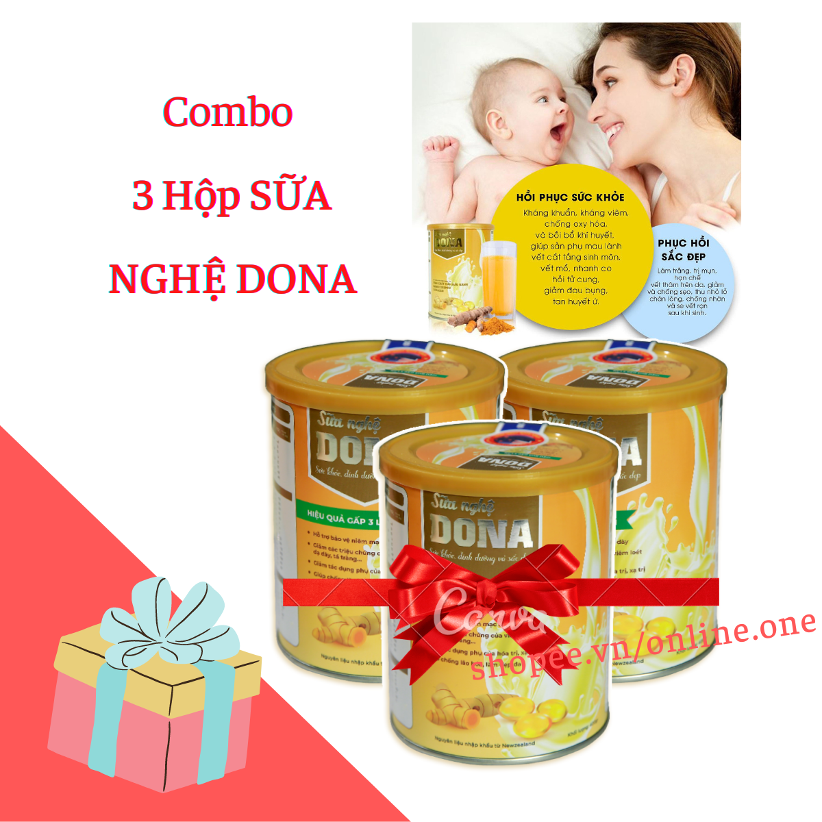 Combo 3 hộp sữa nghệ dona 1200g, curcumin cao, đẹp da, hỗ trợ viêm dạ dày, phụ nữ sau sinh, sản phẩm thiên nhiên