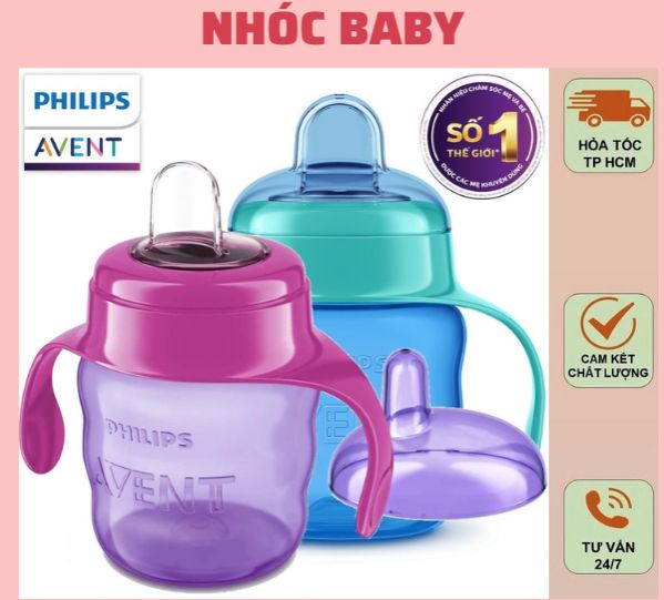 Bình tập uống nước Philips Avent Cốc tập uống Avent 200ml dạng đầu mút có tay cầm dành cho bé 6 tháng - Xanh/Tím - 1 Đổi 1 Nếu Lỗi NSX