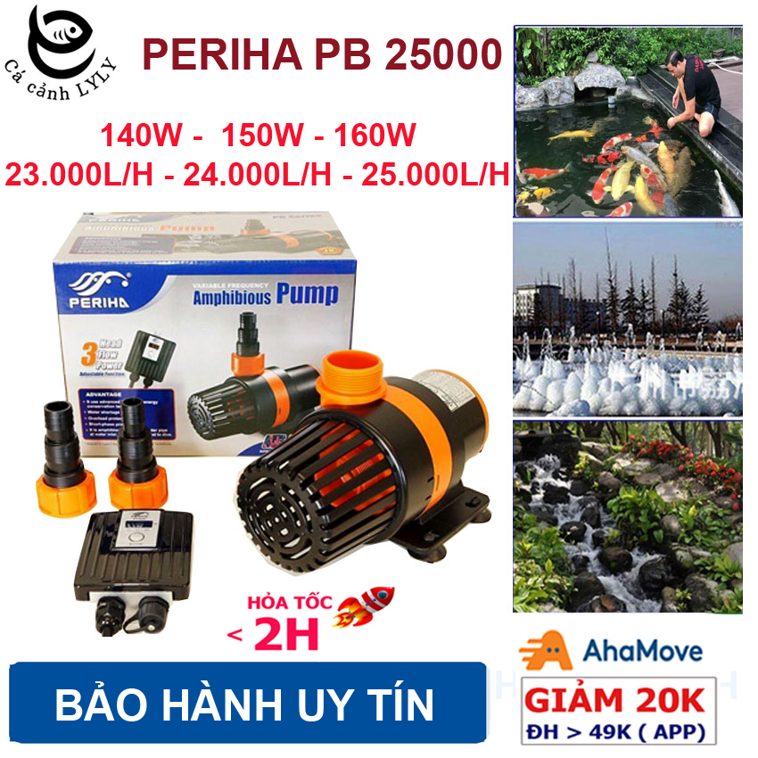 Máy bơm nước PERIHA PB 25000 : 23000l/h, 24000l/h, 25000l/h cao cấp, tiết kiệm điện, bơm lọc nước hồ bể cá cảnh, hồ Koi, tiểu cảnh, nước sinh hoạt, hòn non bộ dạng chìm. BH uy tín