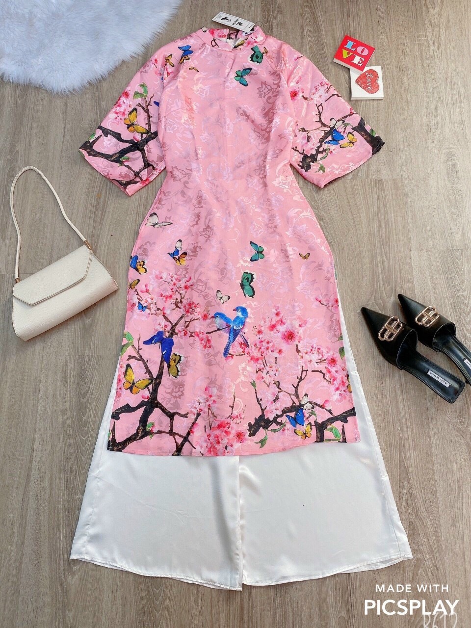 Set Áo Dài Cách Tân Gấm Mẹ Và Bé Tay Lỡ Phối Lưới Dính Cườm Dễ Thương, Áo Dài Truyền Thống Mặc Tết Dành Cho Cả Mẹ Và Bé Gái -DX