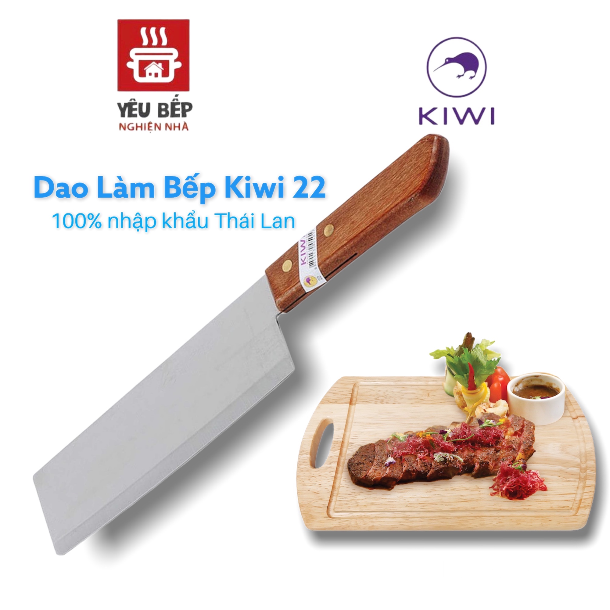 Dao Bếp Đa Năng Thép Không Gỉ Mũi Bằng Cán Gỗ Size Trung 22- Dao KIWI Thái Lan