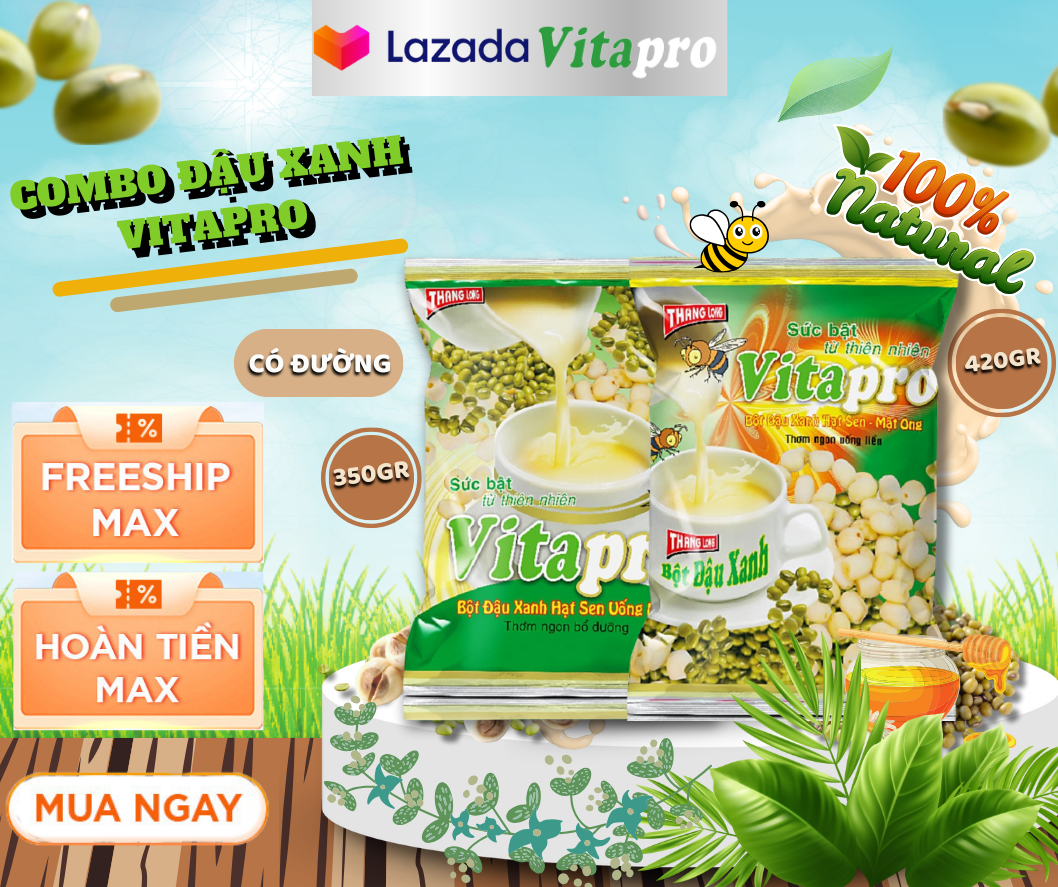 Tiết kiệm hơn khi mua combo bộ đôi bột đậu xanh hạt sen và bột đậu xanh hạt sen mật ong 100% nguyên chất phù hợp với mọi lứa tuổi - ngũ cốc vitapro