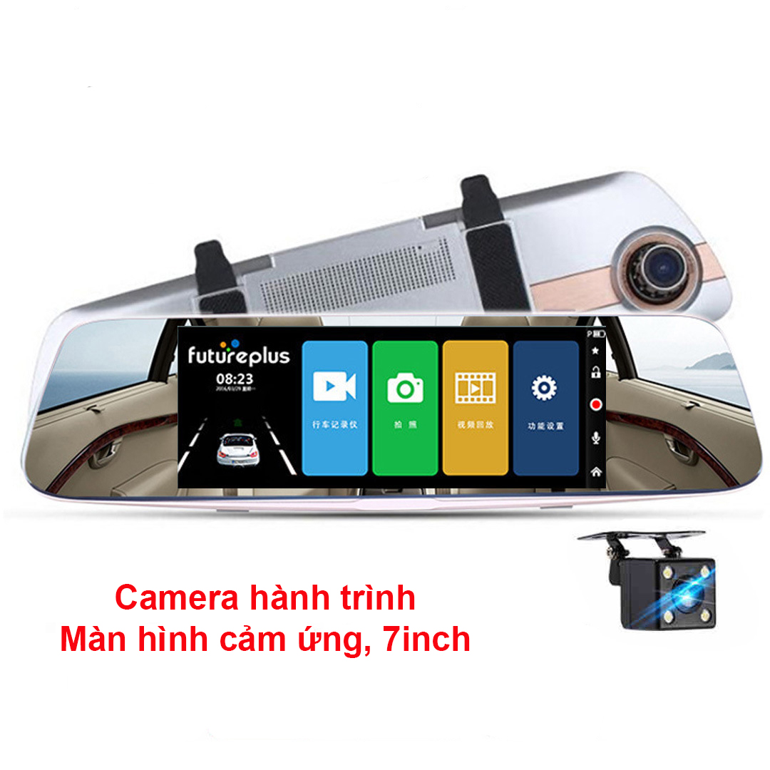 Camera hành trình, màn hình cảm ứng 7inch, viền mạ crom, camera trước, camera lùi