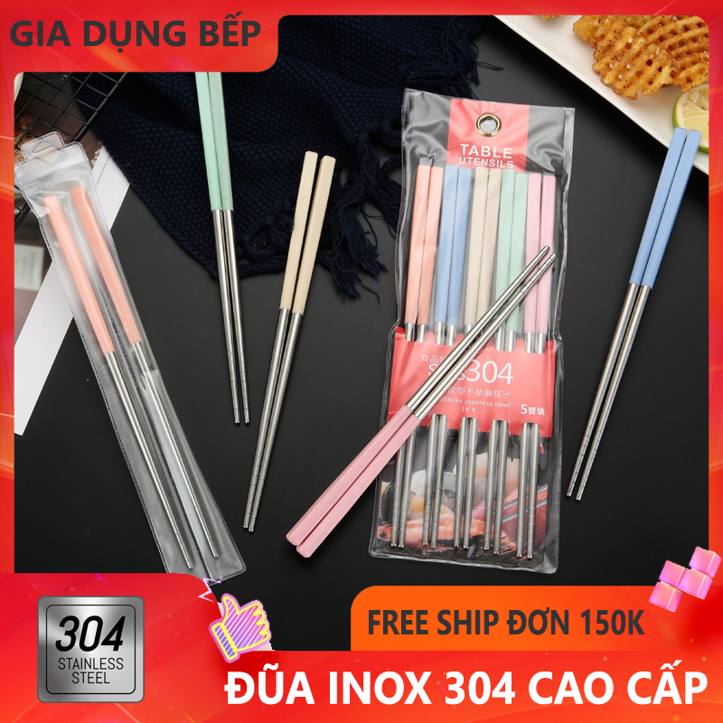[ Bộ 5 đôi ] Đũa Inox 304 cao cấp bọc nhựa lúa mạch chống trượt - Gia Dụng Bếp Store