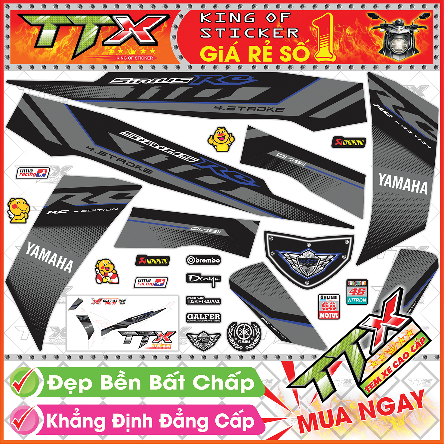 Tem xe sirius rc xám đen xanh gp - tem sirius 110 xanh xám đen siêu đẹp - mẫu team sirius đen xám xanh gp