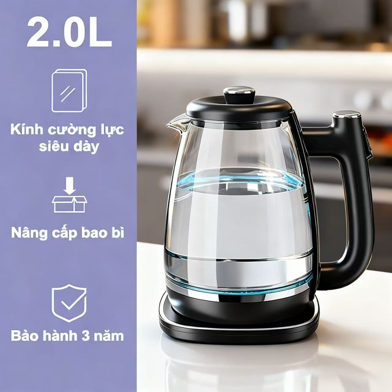 36-Month Warranty - 2L Electric Kettle - Boils Quickly, Automatically Shuts Off - Safe to Use - High-Quality Glass Electric Kettle - 3