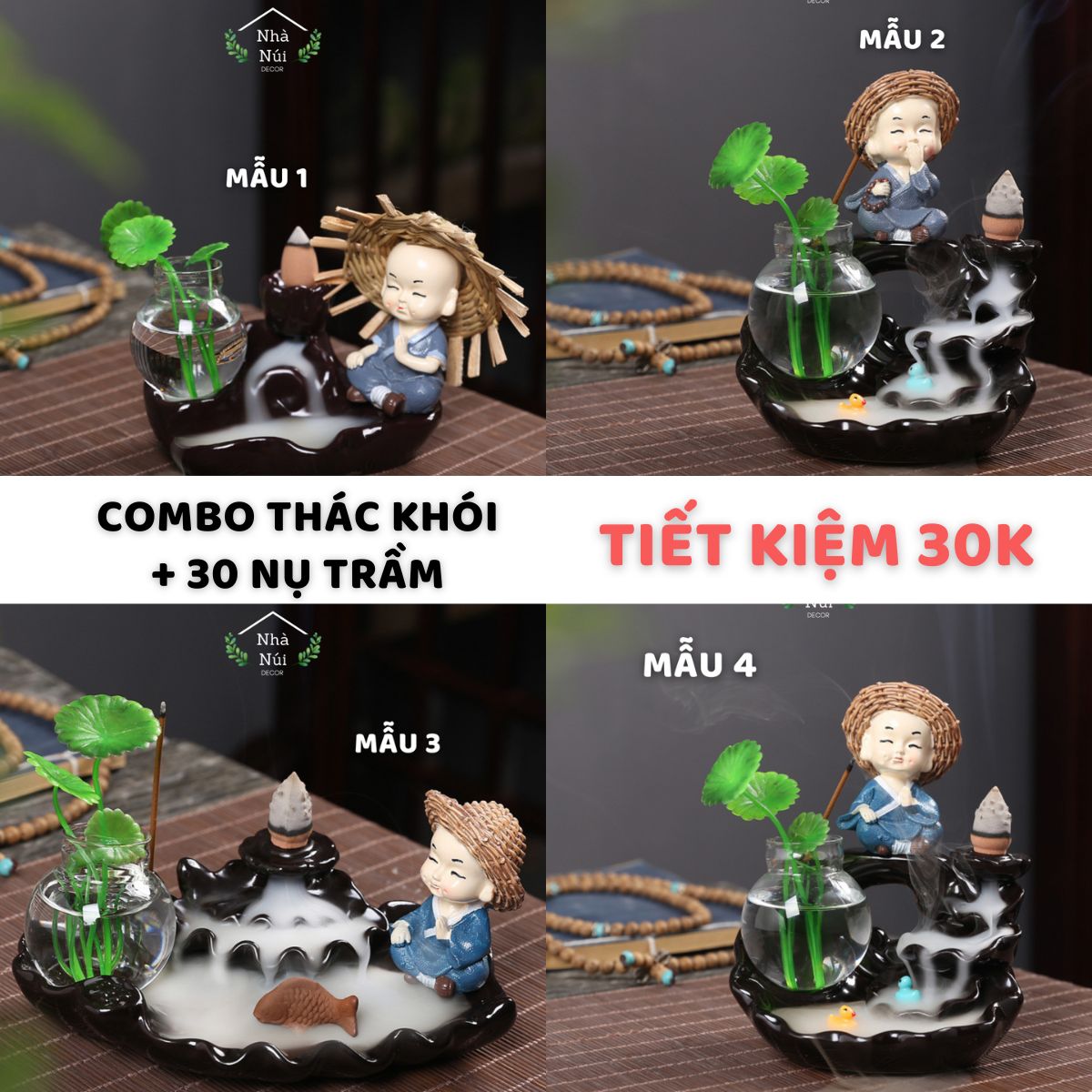 Combo tiểu cảnh thác khói trầm hương tự nhiên khói tỏa ngược chú tiểu, nhang trầm không tăm đốt xông phòng trông thủy sinh T2