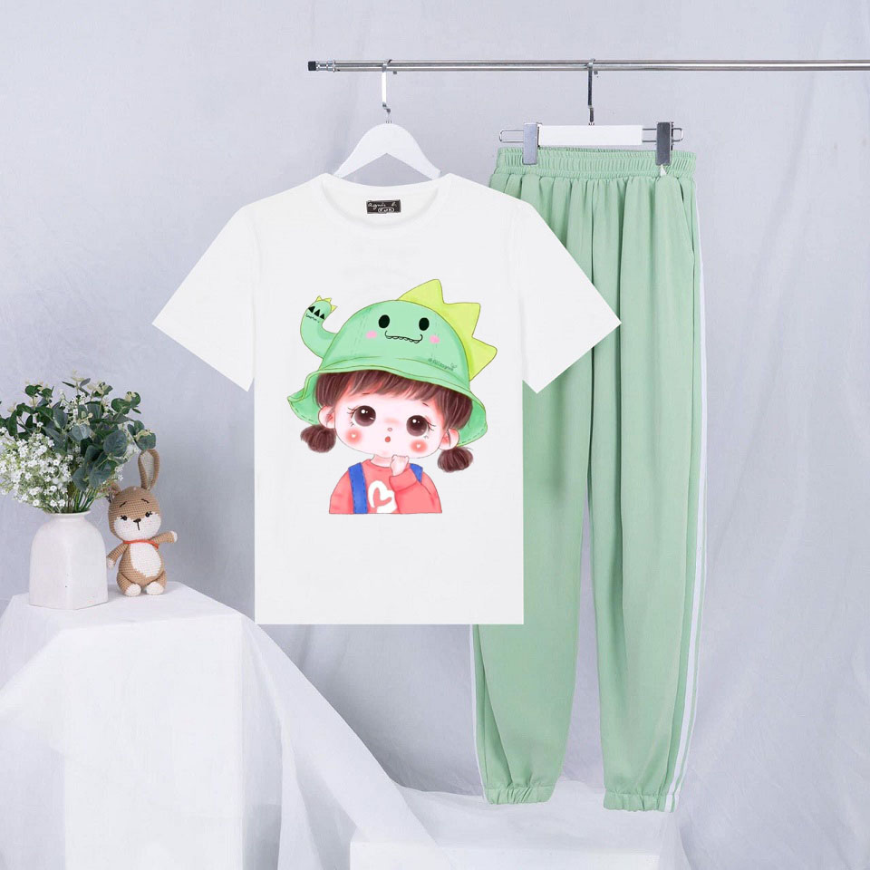 Sét Bộ Đồ Quần Áo Thời Trang Ulzzang Nữ Ngắn Tay Mùa Hè Siêu Xinh Cute Mặc Đi Chơi Dạo Phố, Áo Trắng Cotton In 3D Bé Gái Mũ Khủng Long Kèm Quần Thun Sọc Bo Gấu Phong Cách