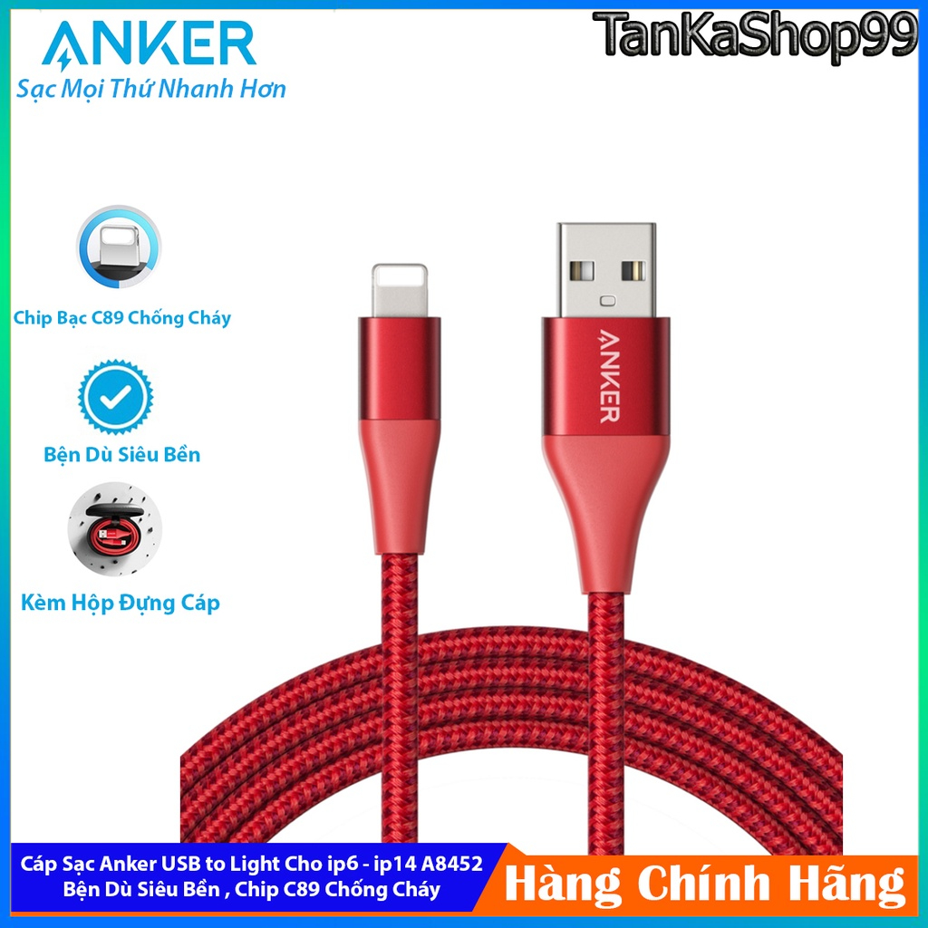 Cáp sạc anker powerline + ii lightning a8452 dài 0,9m chip c89 chống cháy, chuẩn mfi cho iphone